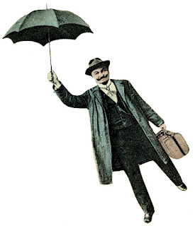 vintage illustration of a man in a suit holding an umbrella above his head.